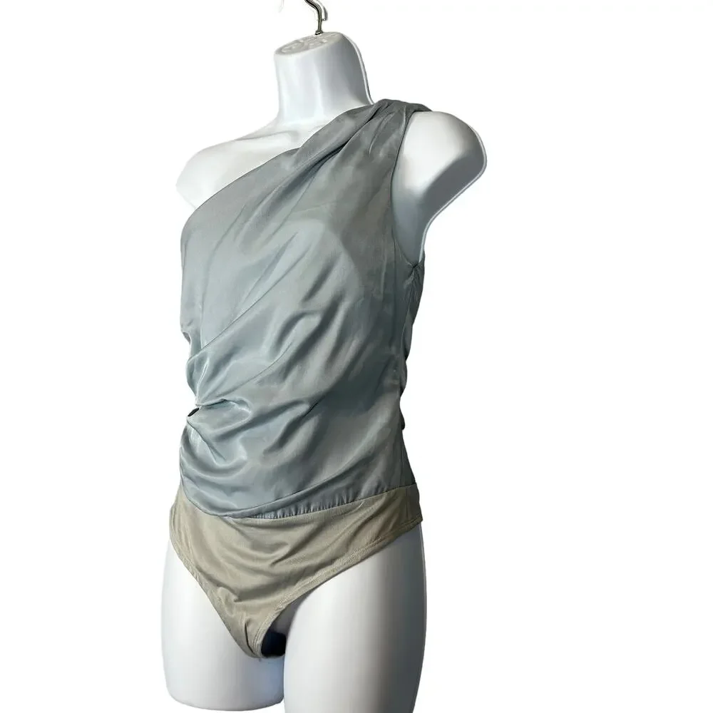 NBD Dusty Blue One Shoulder Ruched Top Bodysuit SMALL Satin Party Designer $128 - Picture 6 of 10